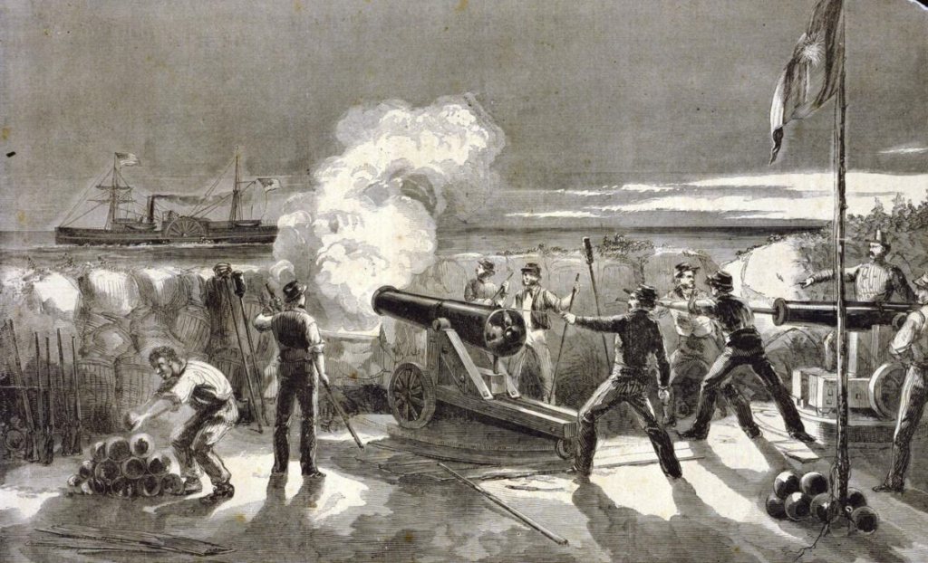 Engraving of a South Carolina gun crew firing cannon from a sandbagged battery on Morris Island at the Star of the West, seen steaming in the distance