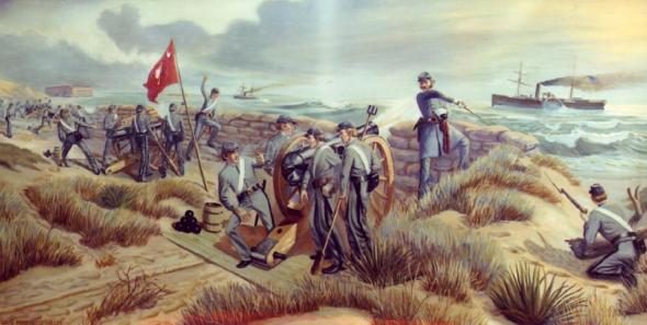 Mural of Citadel cadets firing a field gun from their sand and log battery on Morris Island under a red flag, as the Star of the West steams past in the harbor
