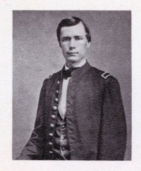 Portrait photograph of Cadet R. O. Sams in a dark frock coat with shoulder straps